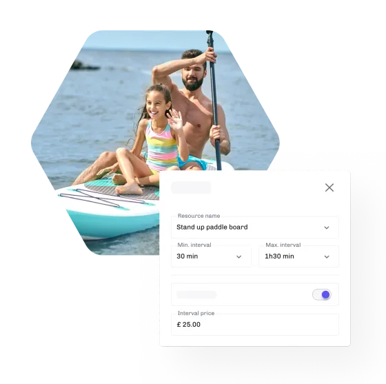 A man and a young girl sharing a paddleboard, beside eola’s hire settings for a stand up paddleboard with its intervals and price