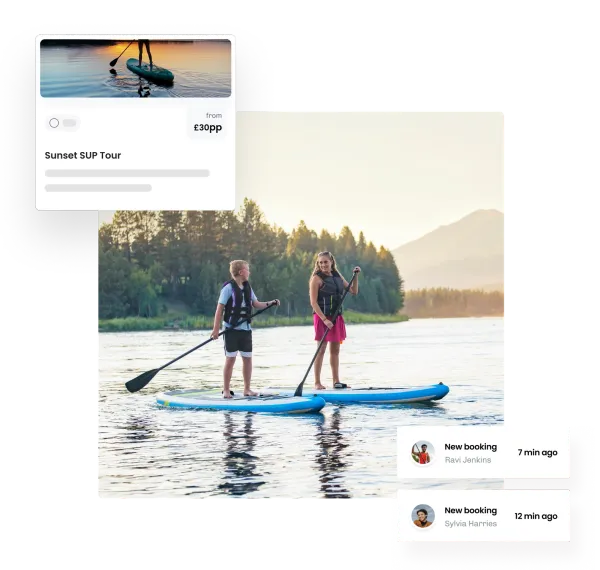 Two young paddleboarders on a lake at sunset, beside an eola card for a sunset SUP tour and two new booking alerts