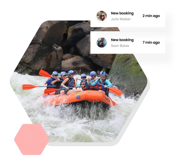 A raft of six paddlers crashing through white water, beside two new booking alerts from customers