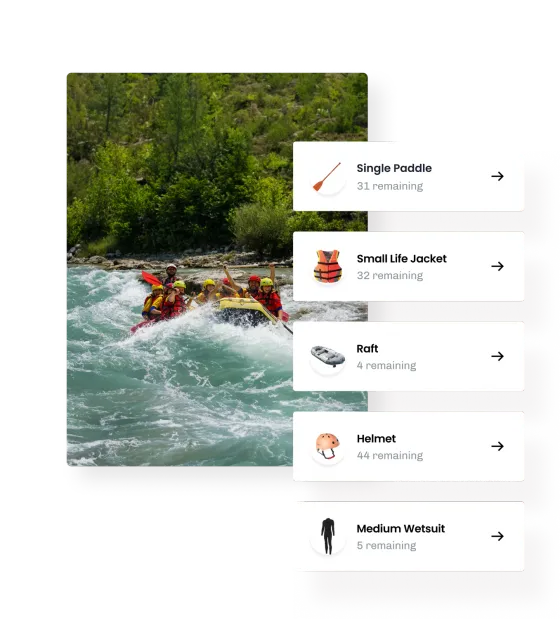 A raft on a river beside stock counts for paddles, life jackets, rafts, helmets and wetsuits