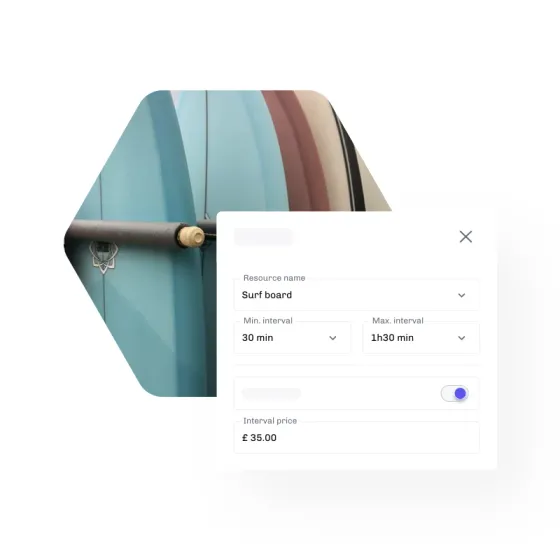Surfboards on a rack beside eola’s rental settings, with a minimum and maximum interval and a price per interval