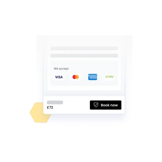 An eola checkout taking Visa, Mastercard, American Express and Oney, with a £72 total and a secure Book now button