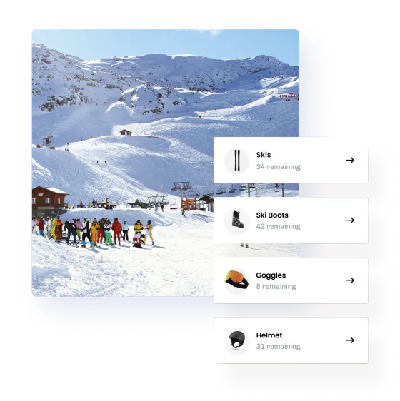 A ski school group on the piste, beside eola stock cards counting the skis, boots, goggles and helmets still free