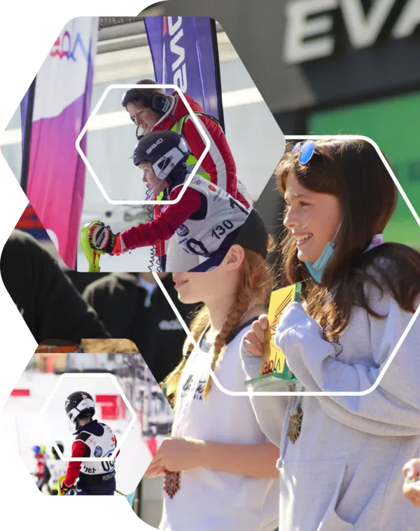 A young ski racer at the start gate with a coach, a racer on the course and two smiling girls holding their medals, each framed in a hexagon