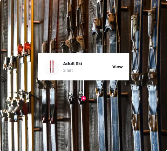 A wall of skis in a rack with a card over it showing three adult skis left and a link through to them