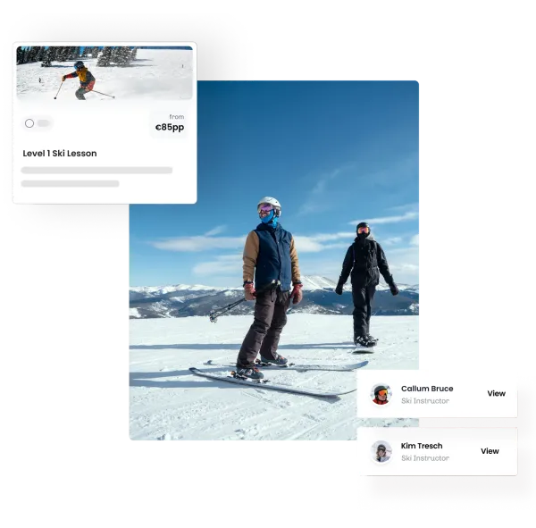 Two skiers on a groomed piste, beside an eola card for a level 1 ski lesson and two ski instructor profiles