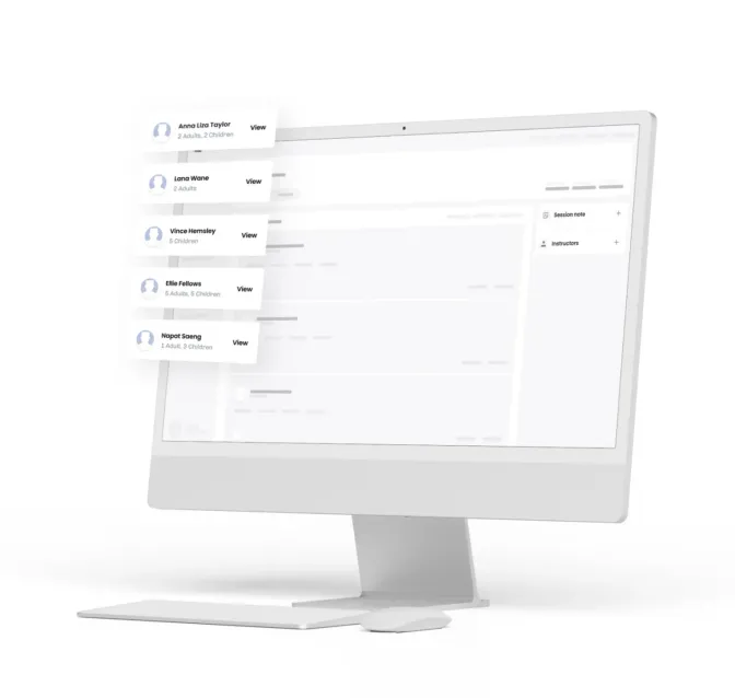 A centre’s eola calendar on a desktop screen, with five of the day’s bookings and how many adults and children each is for