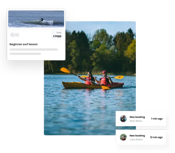 Two paddlers in a kayak on a lake, beside an eola card for a beginner surf lesson and two new booking alerts