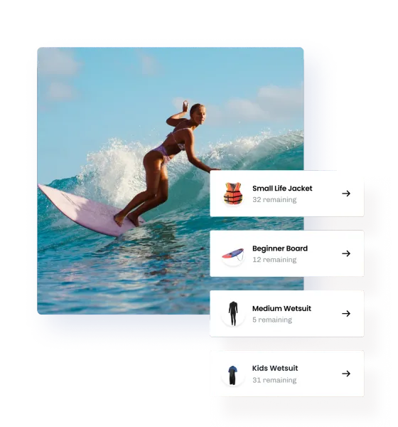 A surfer riding a wave, beside eola stock cards counting the life jackets, beginner boards and wetsuits still free