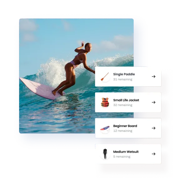 A surfer riding a wave, beside eola stock cards counting the paddles, life jackets, boards and wetsuits still free