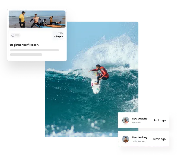 A surfer carving the top of a wave, beside an eola card for a beginner surf lesson and two new booking alerts