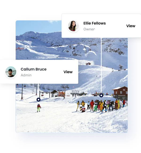 eola team cards for a centre’s owner and admin floating over a busy ski slope