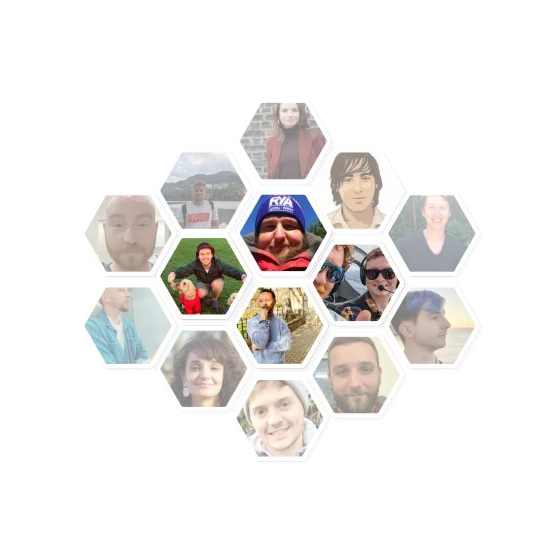 The eola team’s portraits tiled as a honeycomb of hexagons