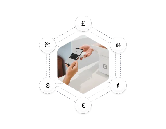 A customer paying by card, ringed by pound, dollar and euro symbols and icons for group, single and discounted tickets