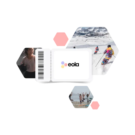 An eola gift voucher with a barcode, among hexagon photos of skiing, surfing and yoga on the beach