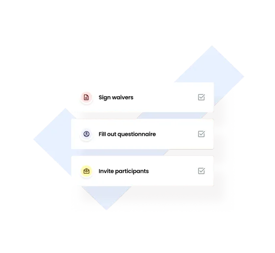 Three eola check-in steps ticked off in turn: sign waivers, fill out the questionnaire and invite participants
