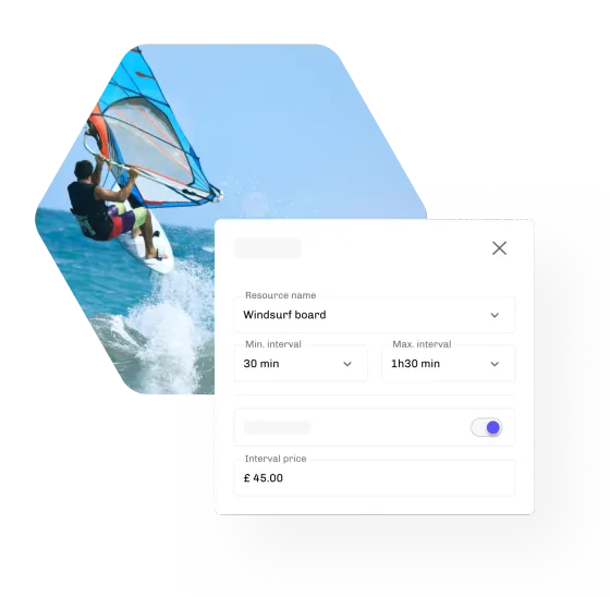 A windsurfer mid-jump, beside eola’s hire settings for a windsurf board with its intervals and price