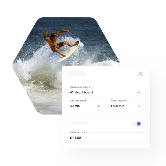 A surfer throwing spray off the lip of a wave, beside eola’s hire settings for a windsurf board with its intervals and price