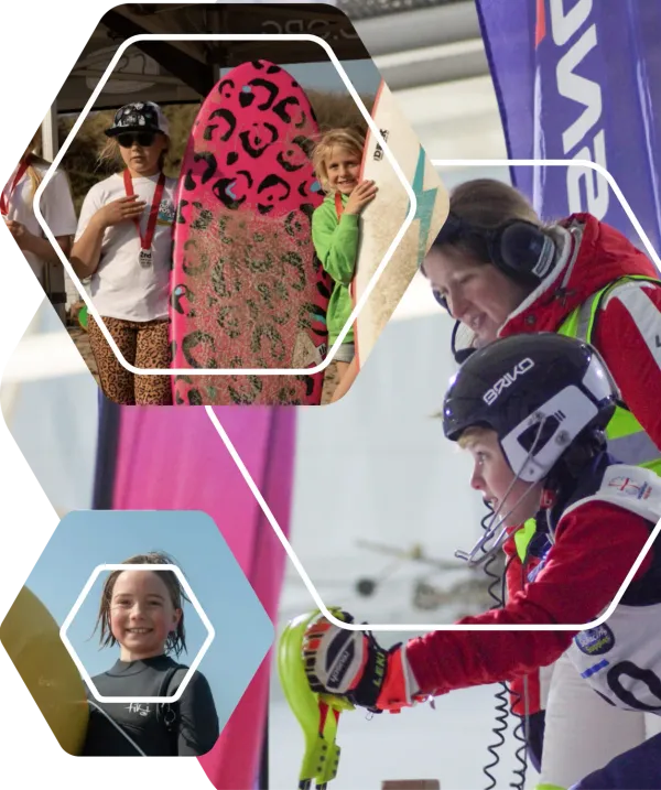Young surfers holding their boards and medals at a Surfing England event, and a young ski racer at the start gate with a coach